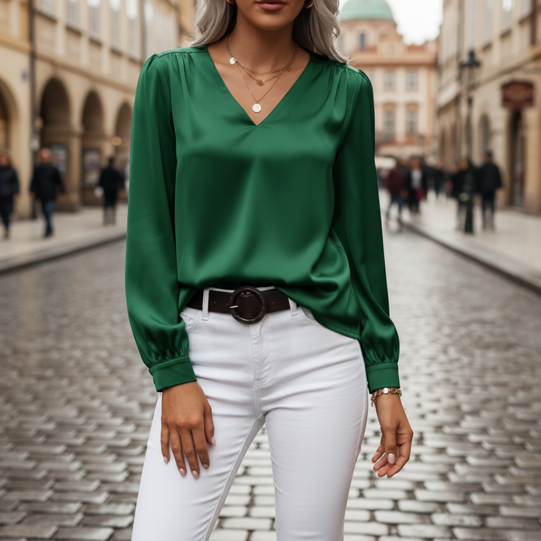 Women's satin long sleeve V-neck blouse, silky lightweight fabric with elegant front closure