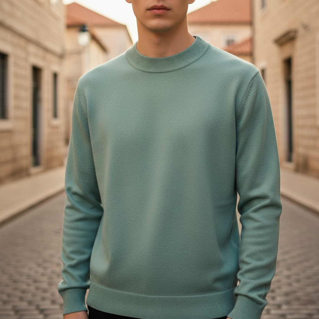 Men's gray mock neck sweater regular fit fine knit ribbed cuffs everyday layering essential