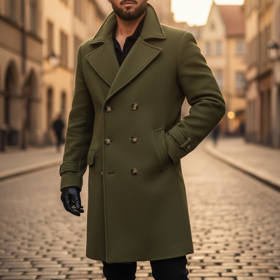 Men's gray wool double-breasted winter coat with thermal insulation for formal and casual wear