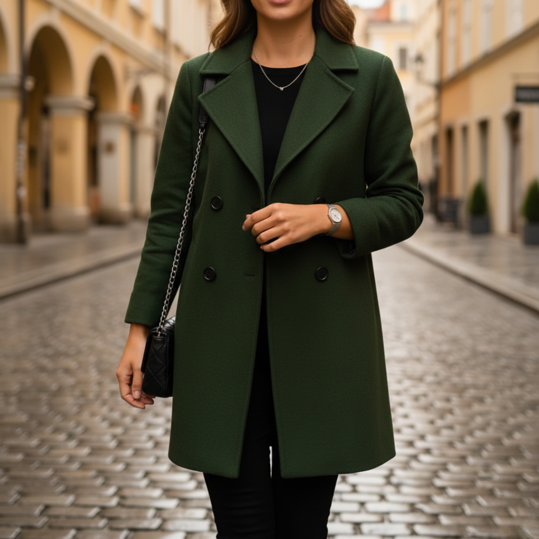 Black double-breasted women's winter coat elegant silhouette easy-care polyester formal style