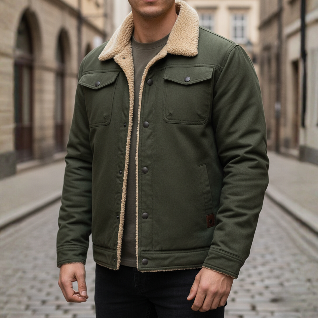 Men's hooded outdoor jacket with adjustable hood, side pockets, durable fabric for cold weather