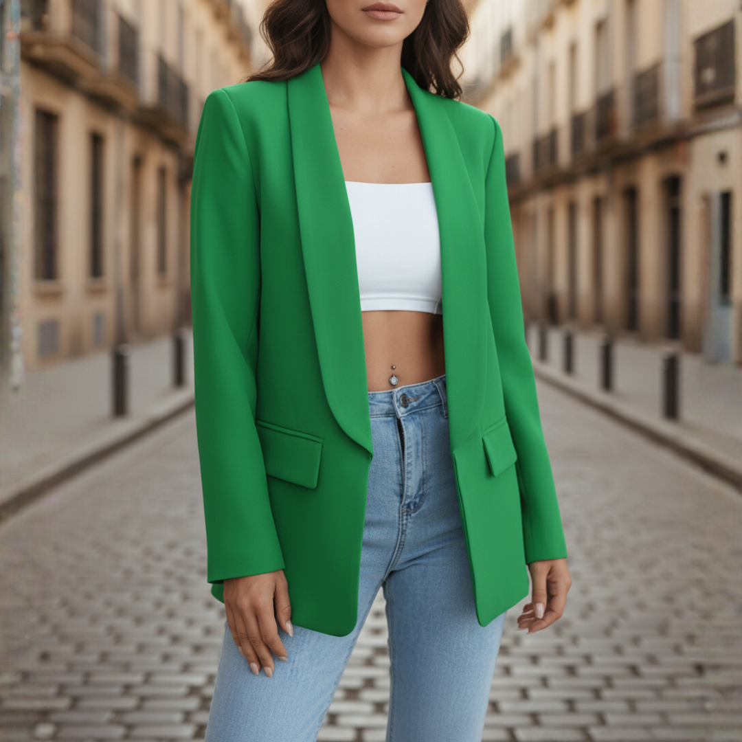 Beige women's stretch jacket with pockets, long sleeve, slim modern cut for versatile everyday wear