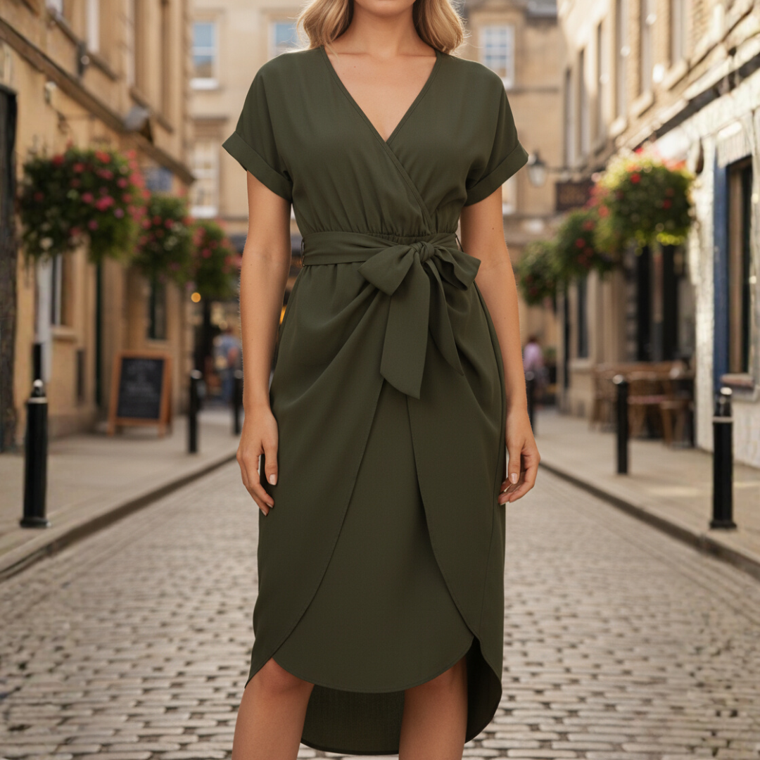 Women's structured midi dress with tie belt, V-neckline, wrap silhouette, lightweight polyester, office-ready