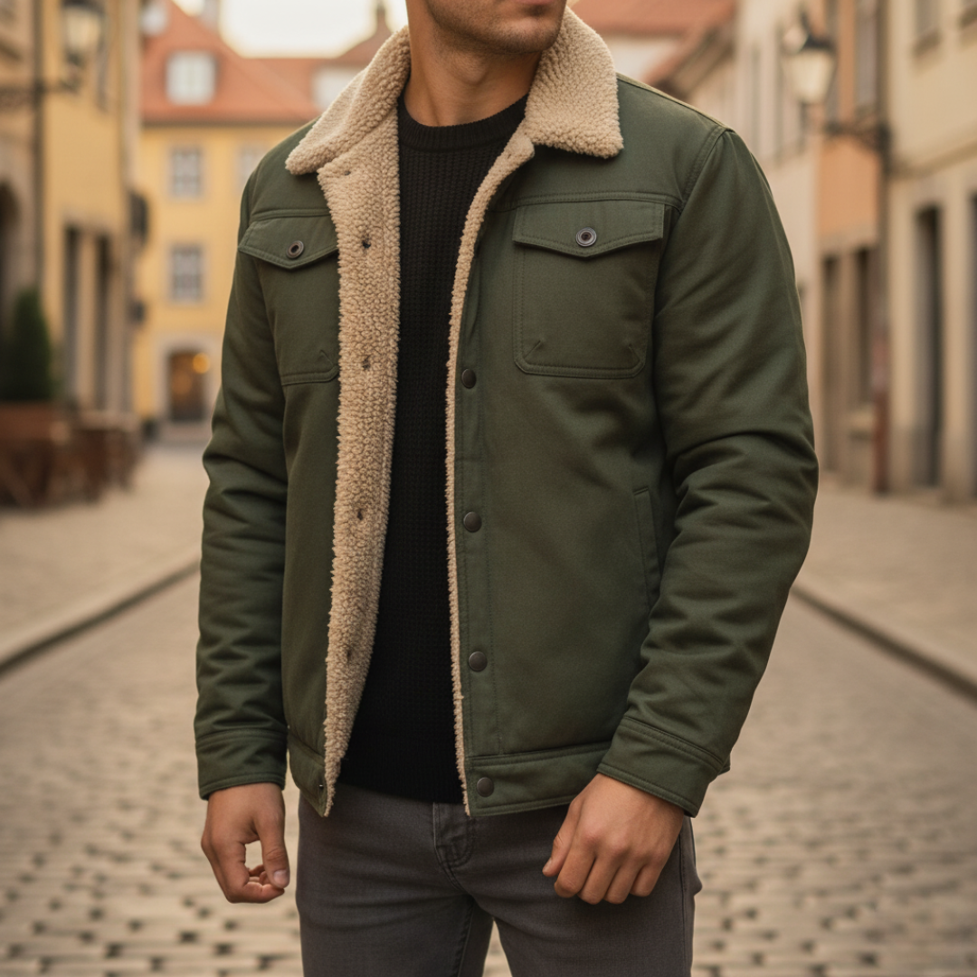 Men's winter jacket with internal fur lining, available in black, blue, green, beige, and brown
