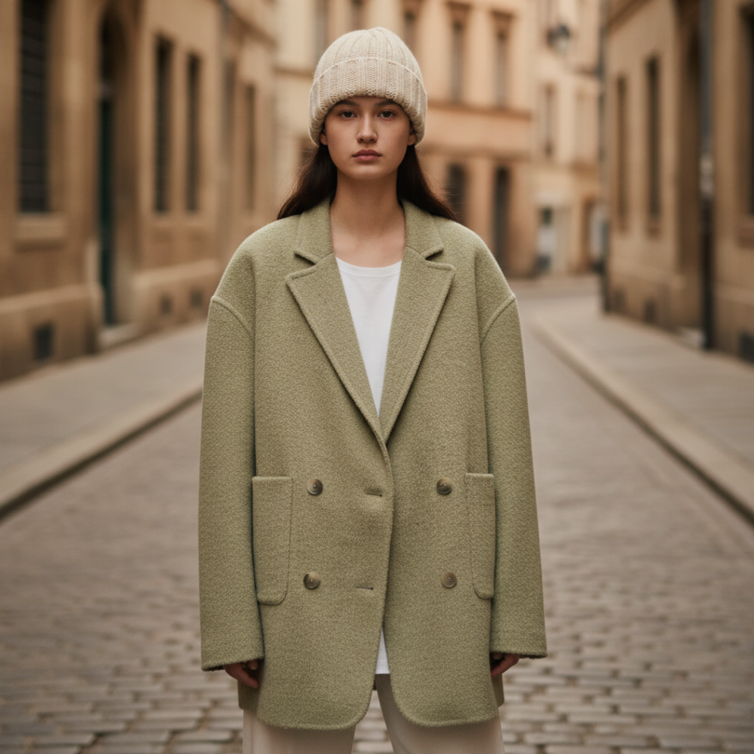 Women's warm fabric jacket classic collar beige black green gray versatile casual professional wear