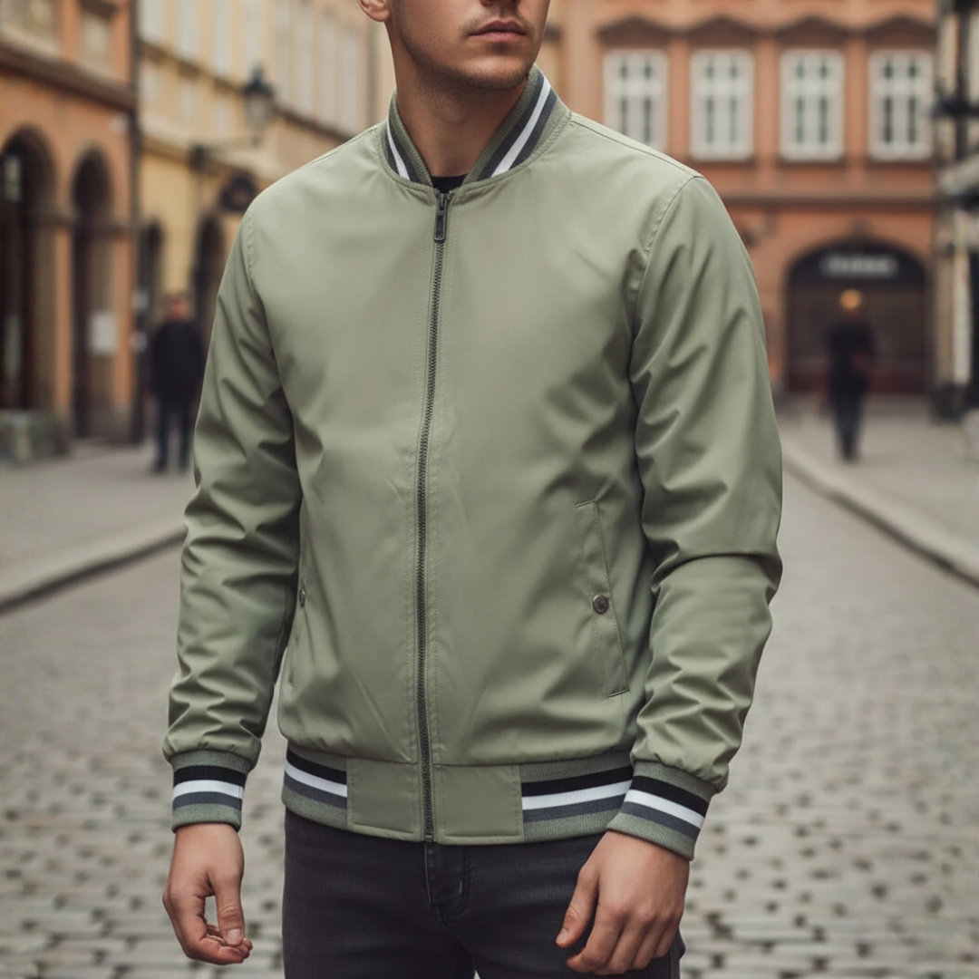 Men's green polyester bomber jacket with elastic cuffs and hem, casual lightweight outerwear for adults