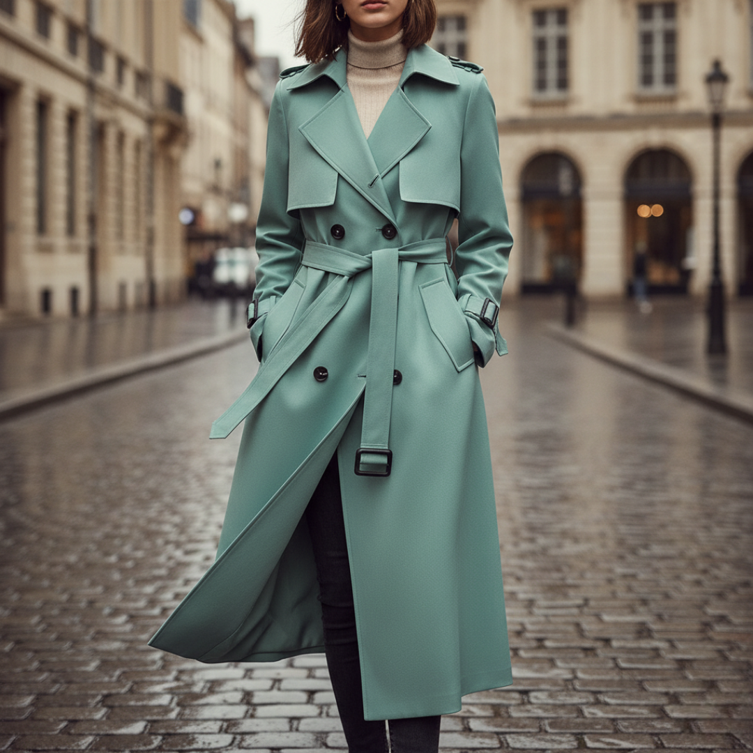 Women's double-breasted trench coat with adjustable belt, classic cut, available in beige, gray, blue, black, green