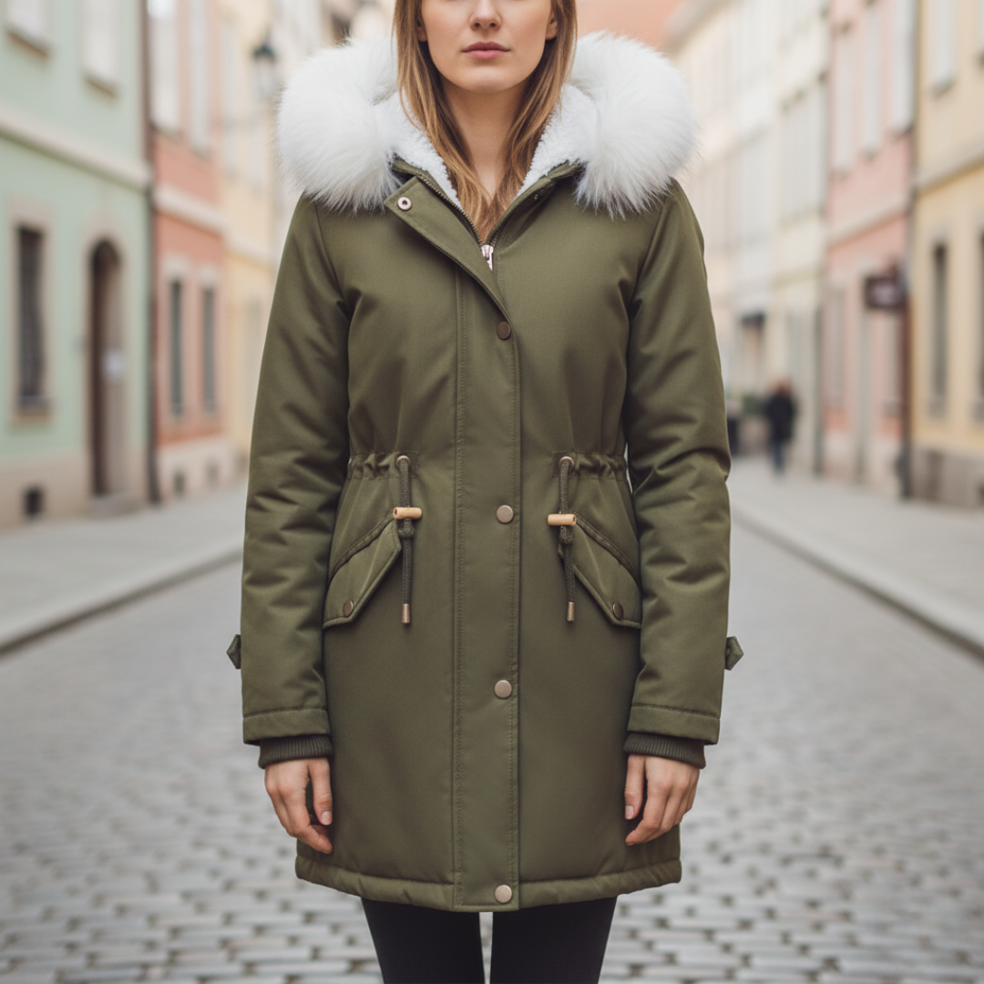 Women's long waterproof winter coat with fur-lined hood, insulated warm rainproof jacket for cold weather