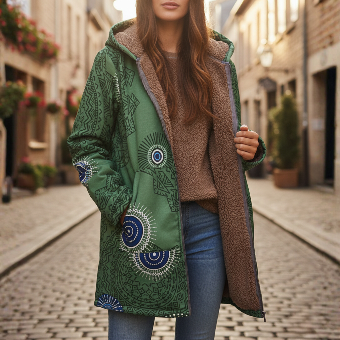 Women's floral hooded zip winter jacket with warm lining, cozy modern style for everyday cold weather