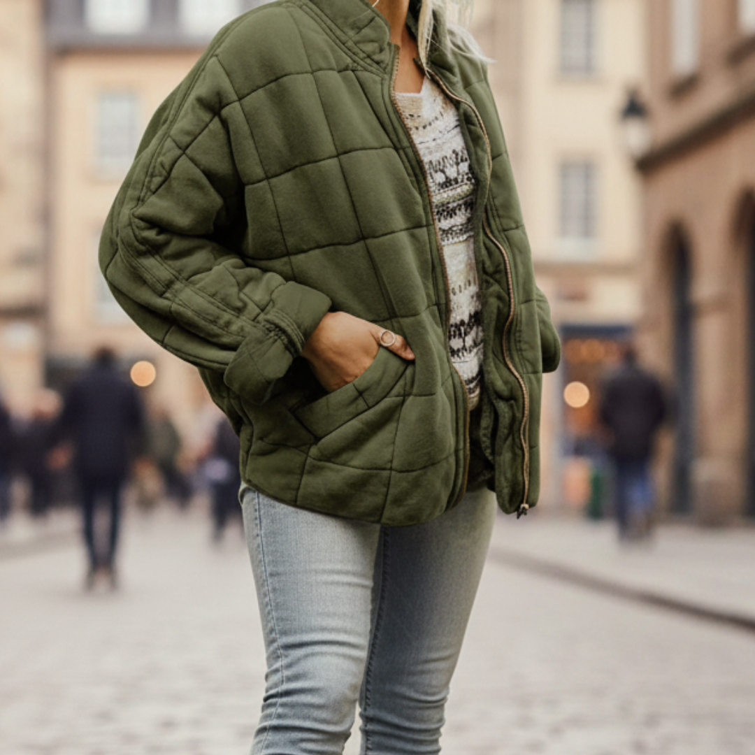 Women's padded jacket with central zip in beige lightweight casual outerwear modern silhouette