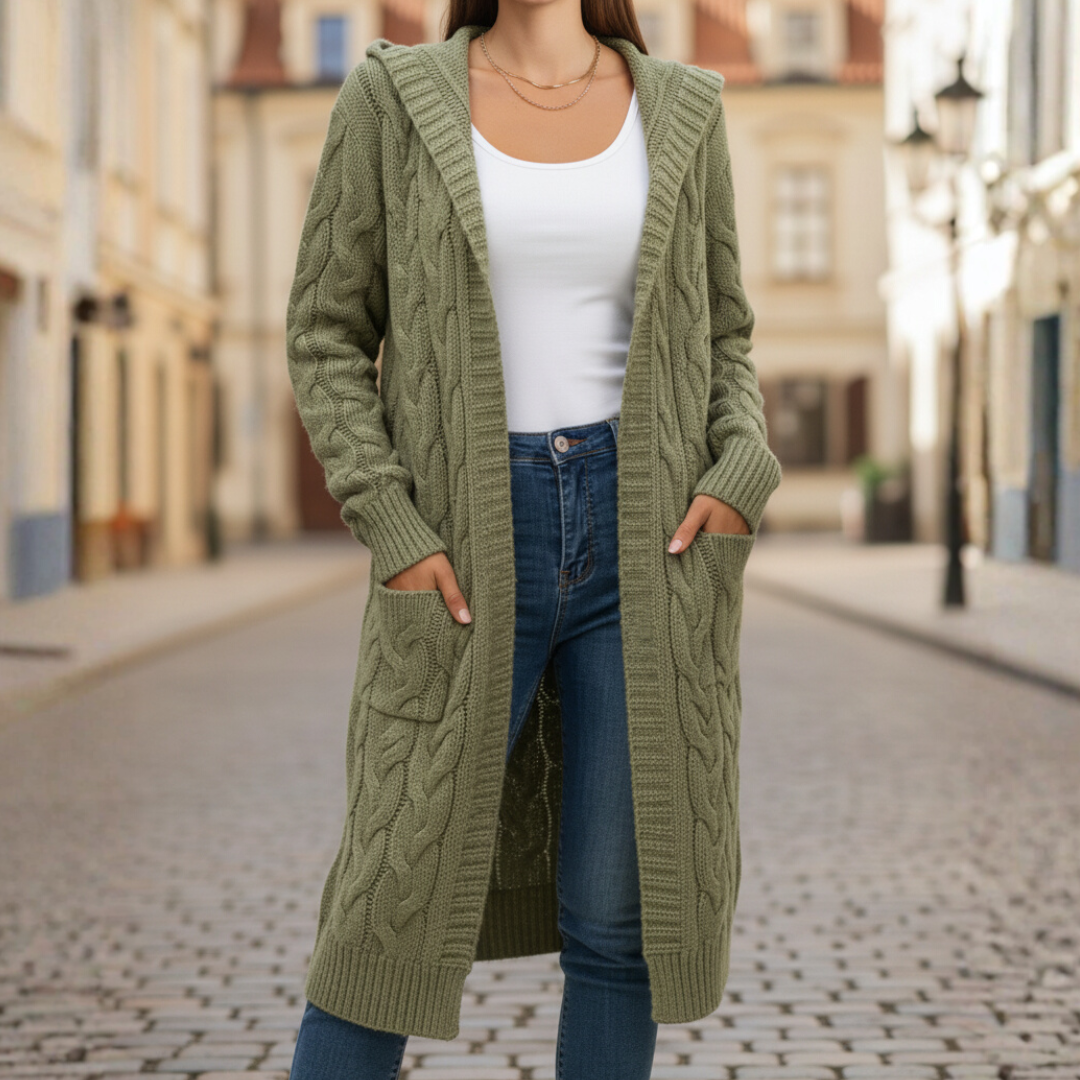 Women's long knit cardigan with pockets in light gray cozy relaxed fit for everyday layering