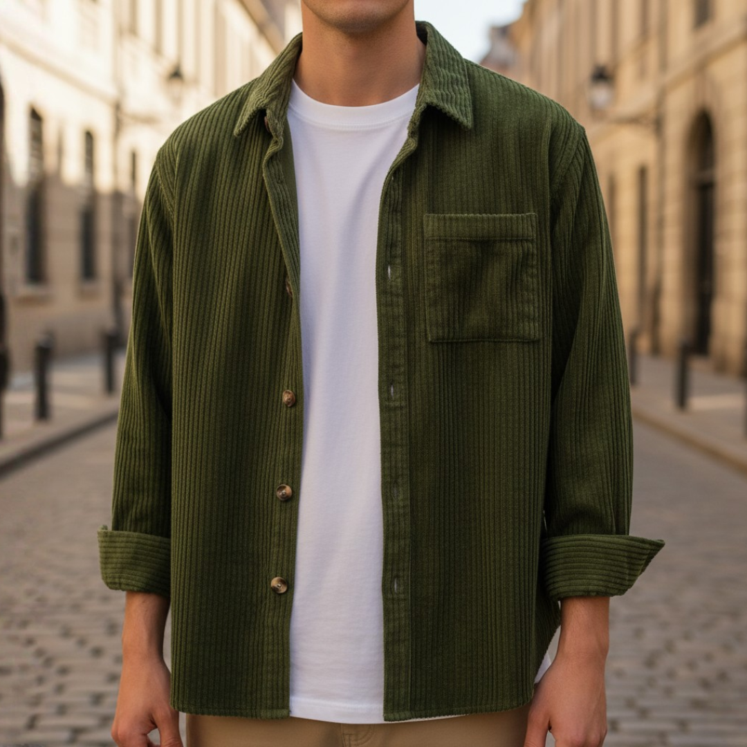 Men's striped casual shirt in blue green khaki breathable relaxed-fit versatile everyday wear