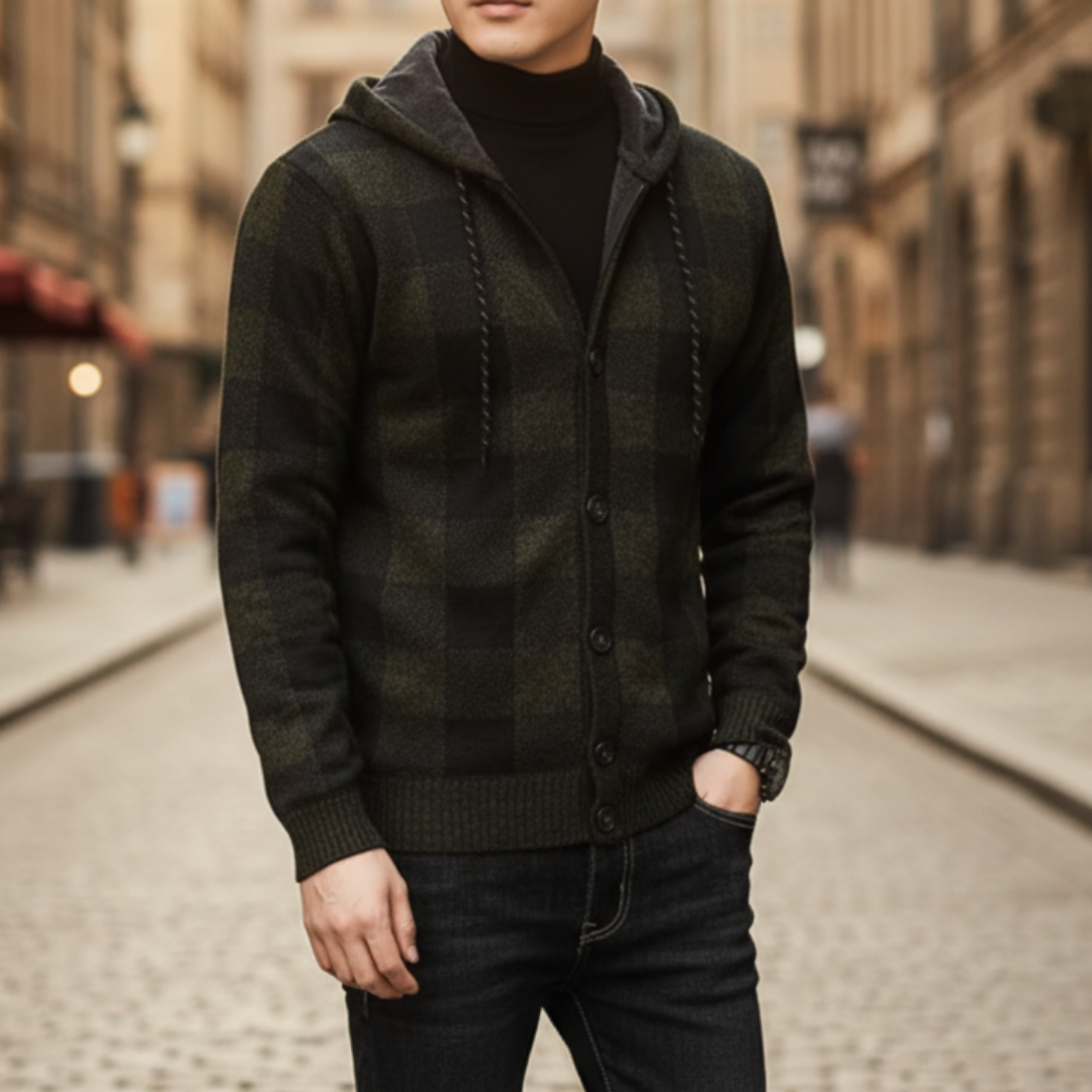 Men's plaid hooded cardigan adjustable hood casual winter jacket cozy warm blue brown green gray