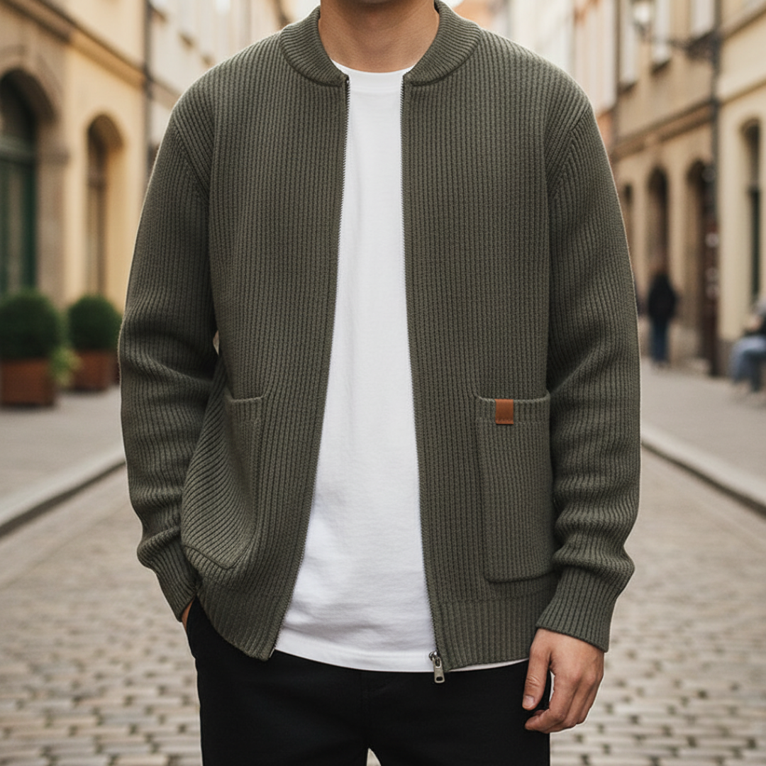 Men's high neck zip cardigan ribbed knit polyester turtleneck sweater cool weather everyday wear