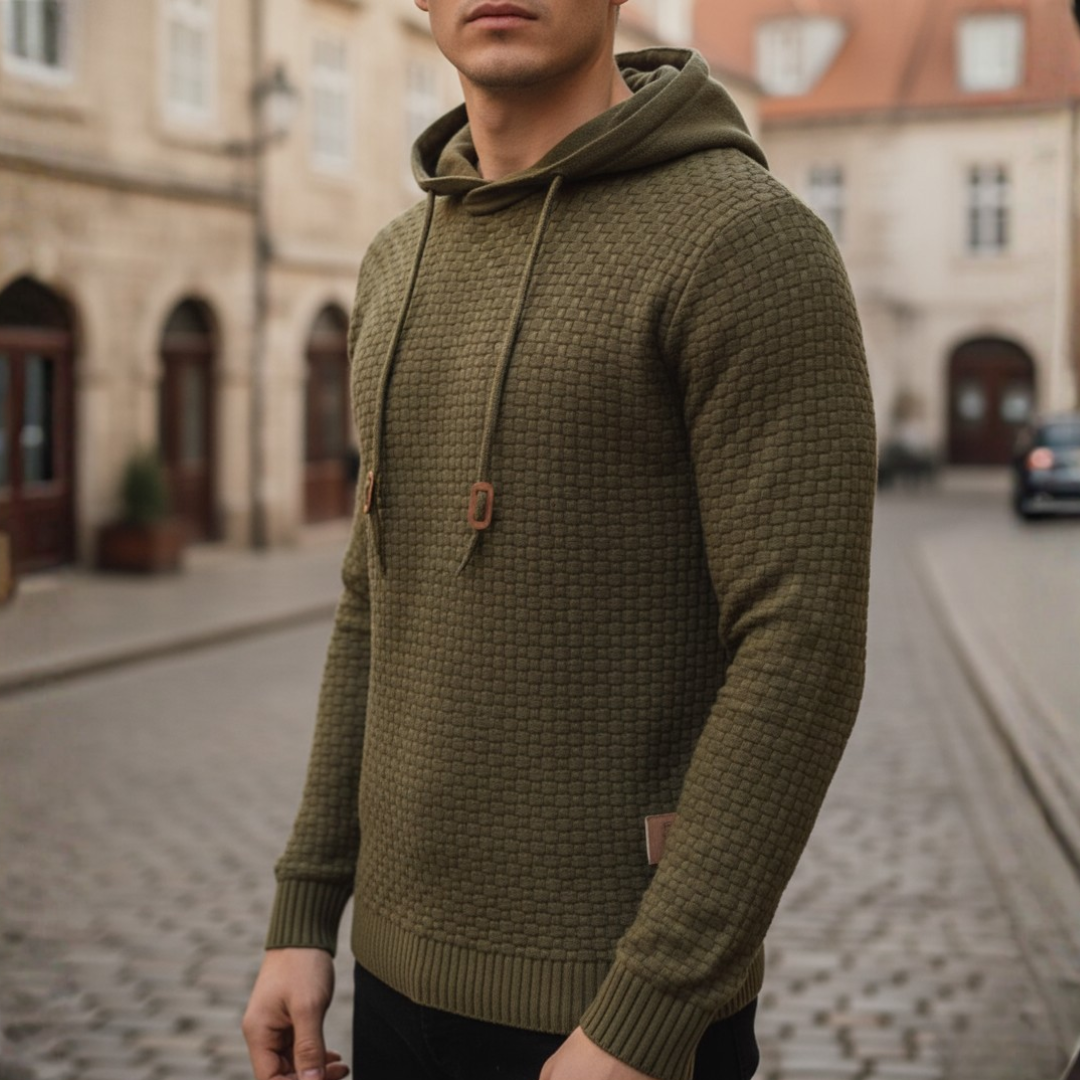 Men's beige polyester hoodie sweatshirt with adjustable hood and front kangaroo pocket casual fit