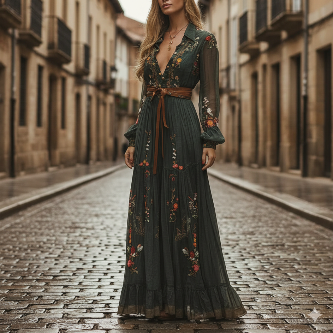Women's floral chiffon maxi dress lightweight V-neck with belt elegant summer party gown