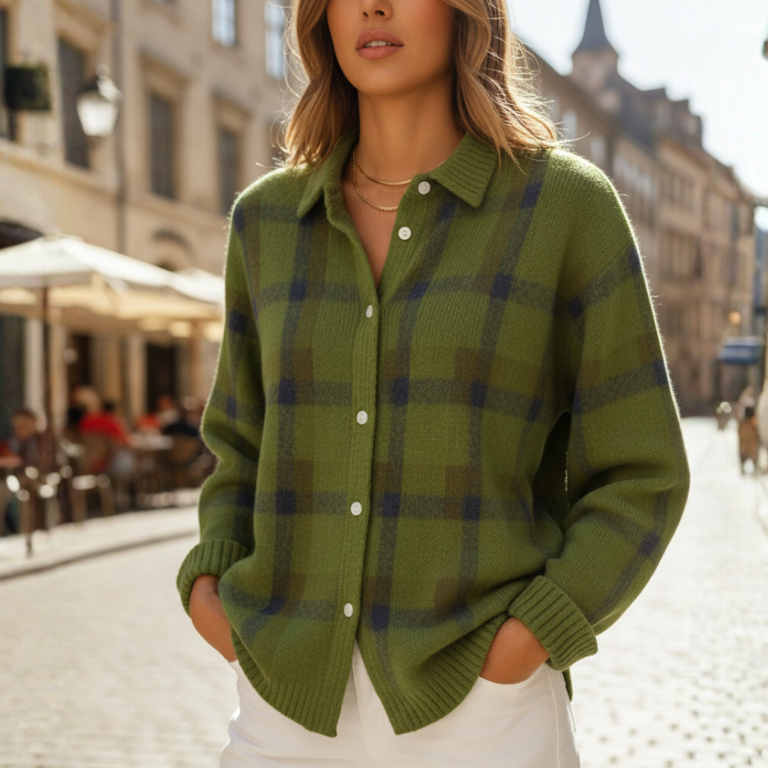 Women's plaid shirt sweater in blue orange green soft knit fabric button collar casual fit