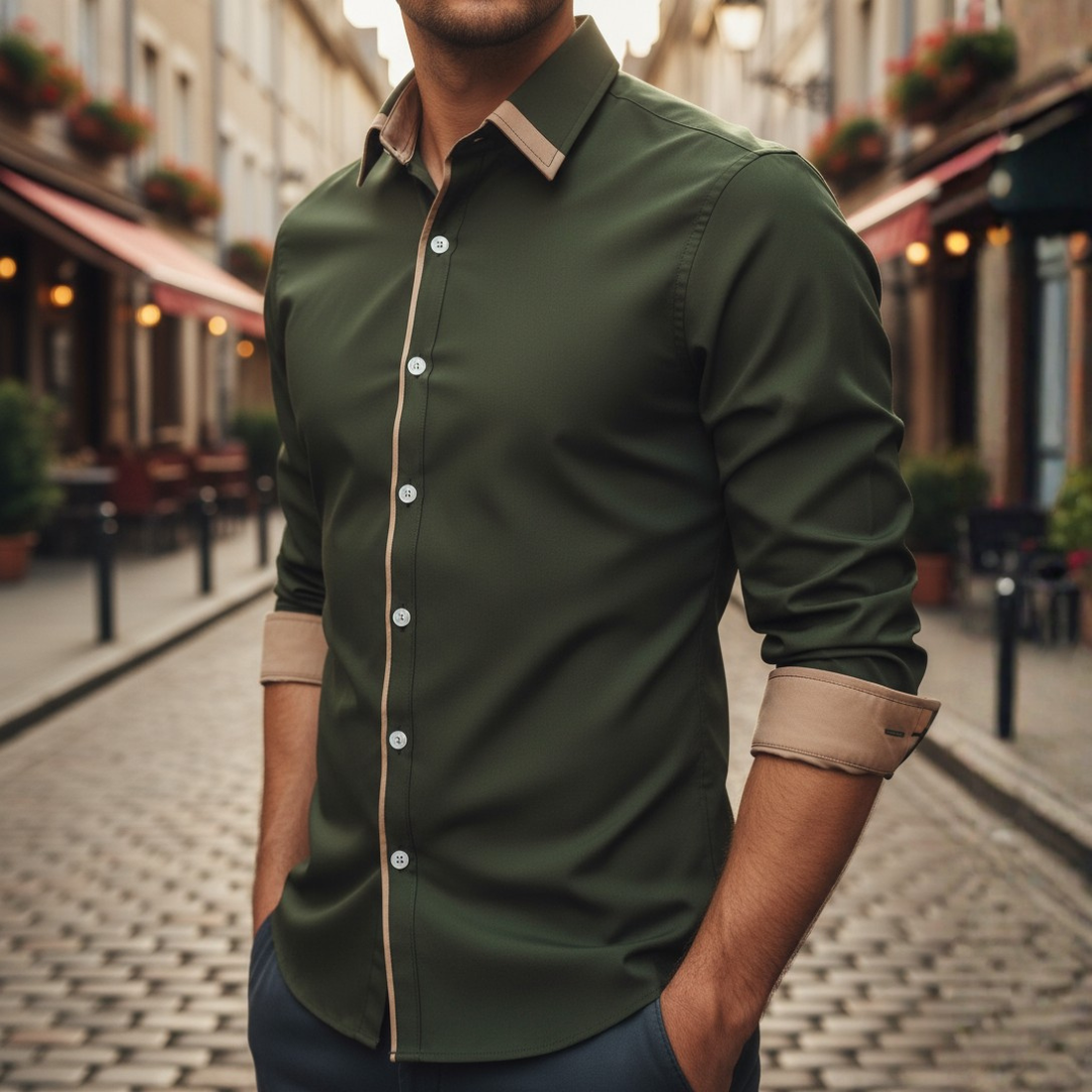 Men's black polyester shirt contrast collar modern slim fit casual semi-formal durable easy care