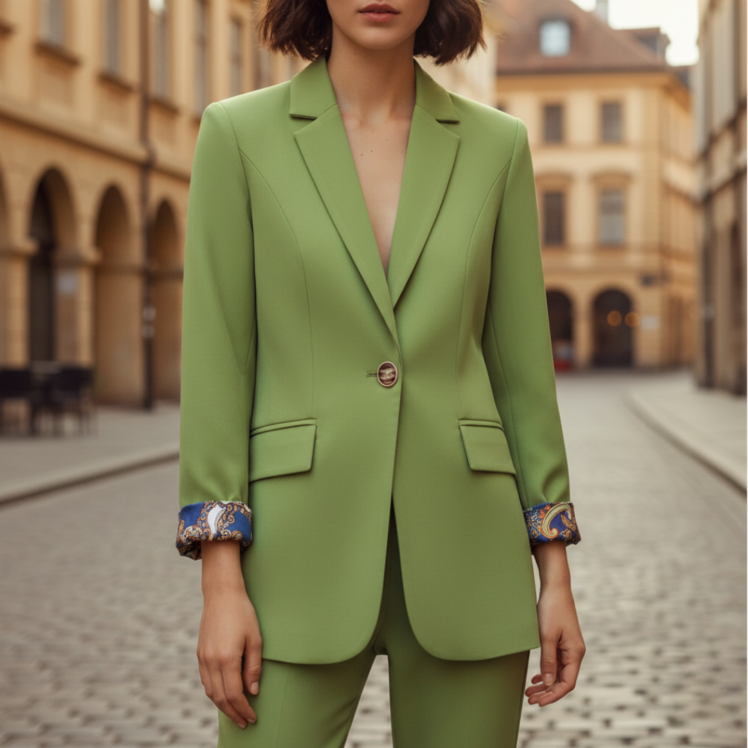 Elegant women's blazer beige or black classic cut with decorative button sleeve detailing