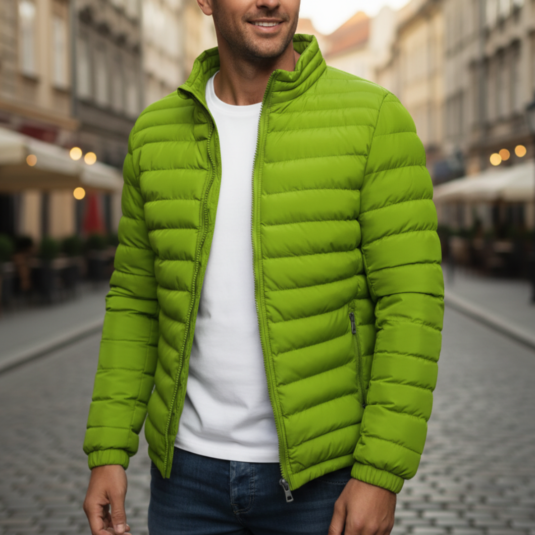 Men's black puffer down jacket durable cold weather active coat with insulated design