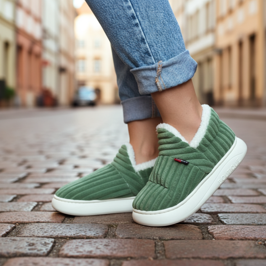 Cozy unisex home slippers with plush synthetic fur lining, soft warm slip-on design for men and women