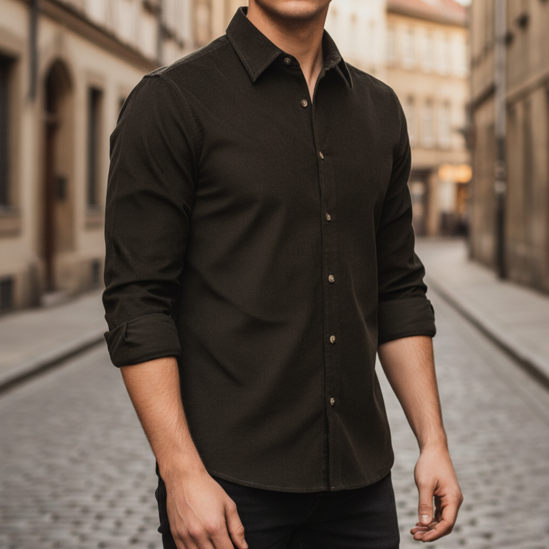 Men's slim fit corduroy shirt modern cut long sleeves soft textured polyester everyday style