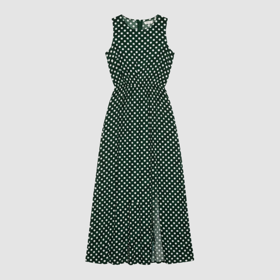 Women's black white polka dot long dress elegant waistband flattering silhouette casual dressy