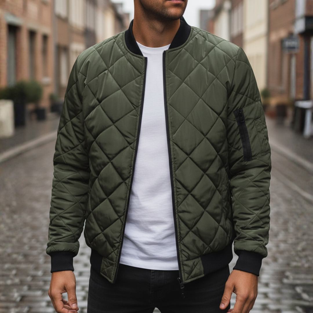Men's blue lightweight synthetic bomber jacket with slim silhouette and insulated padding for winter