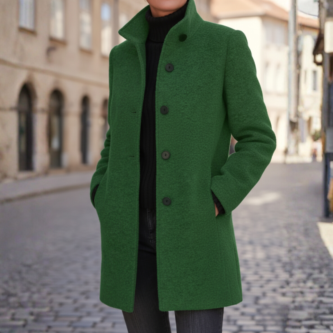 Women's hooded winter jacket in solid color, slim city-fit cut with built-in hood for wind protection