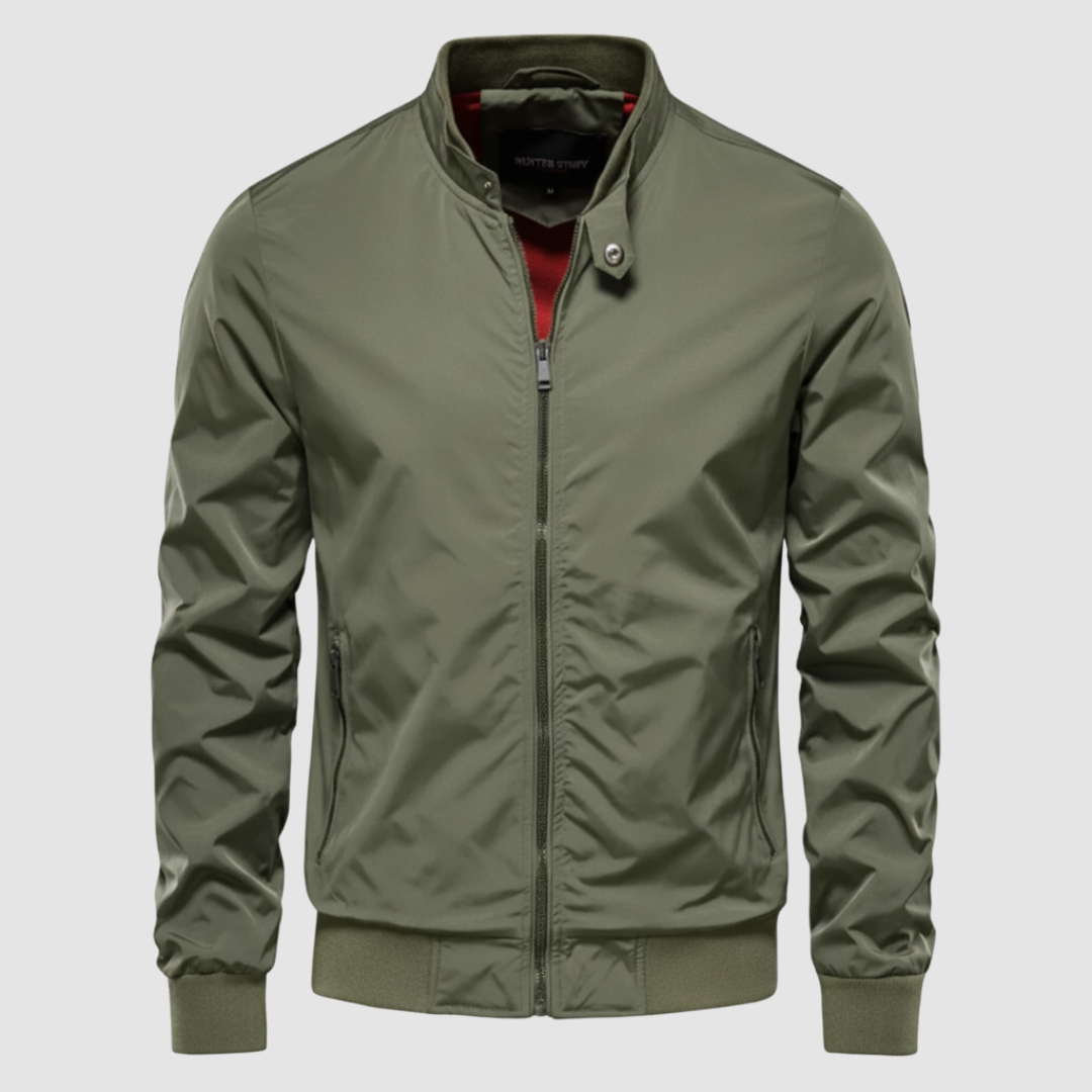 Men's slim-fit windproof bomber jacket in versatile colors with ribbed elastic cuffs and full-length zip