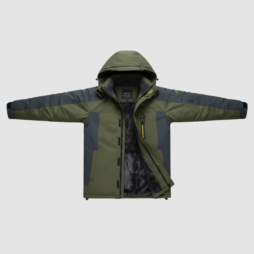 Men's navy padded winter jacket fixed hood windproof insulated outdoor cold weather durable