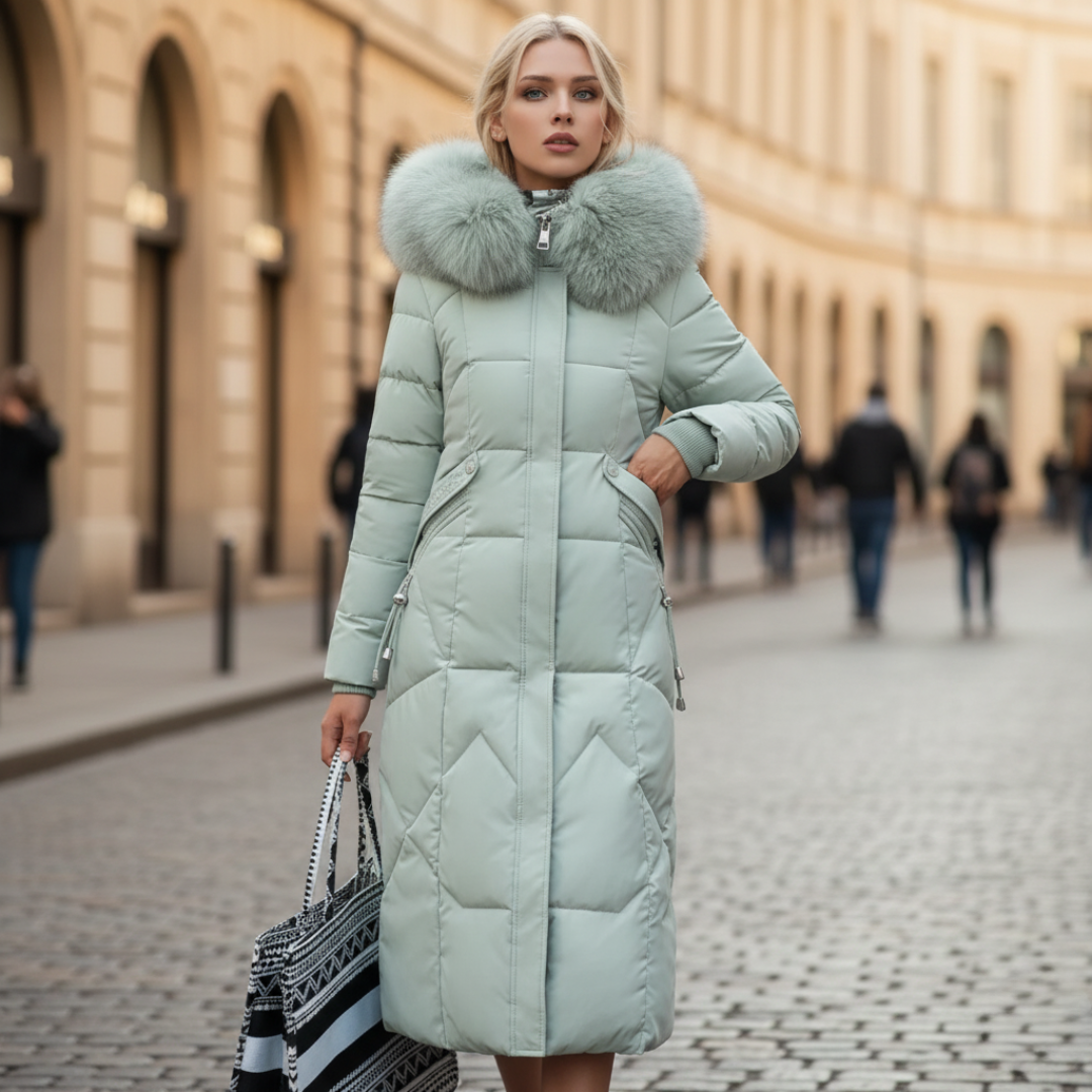Women's black padded winter jacket with adjustable hood and plush fur collar for cozy warmth