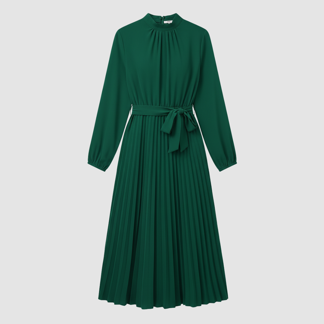 Women's long pleated dress with belt, high neckline, long sleeves, elegant formal casual style