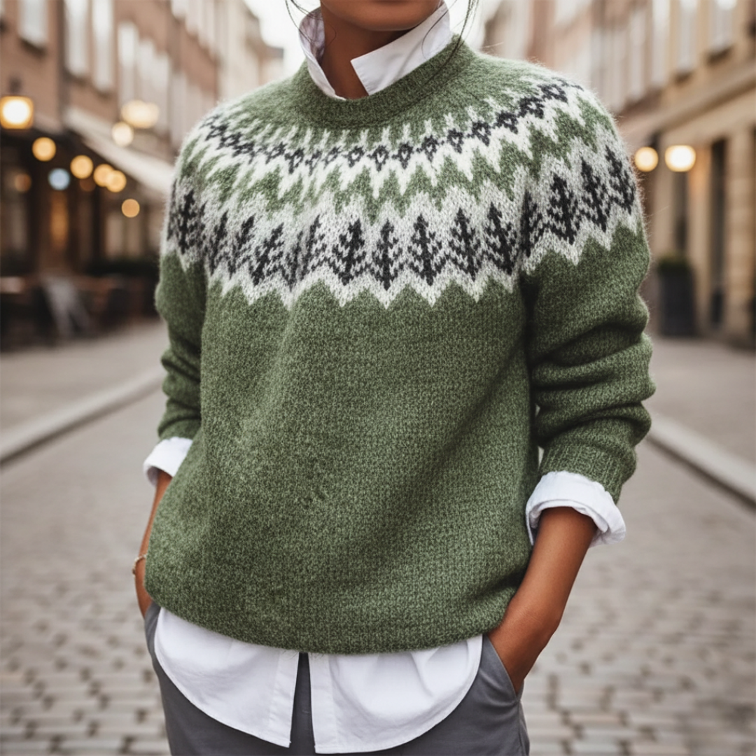 Women's round neck polyester sweater with cozy diamond pattern for casual everyday warmth