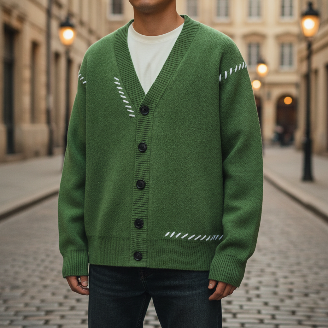Men's button-front cardigan in beige durable fabric, casual modern fit with versatile layering style