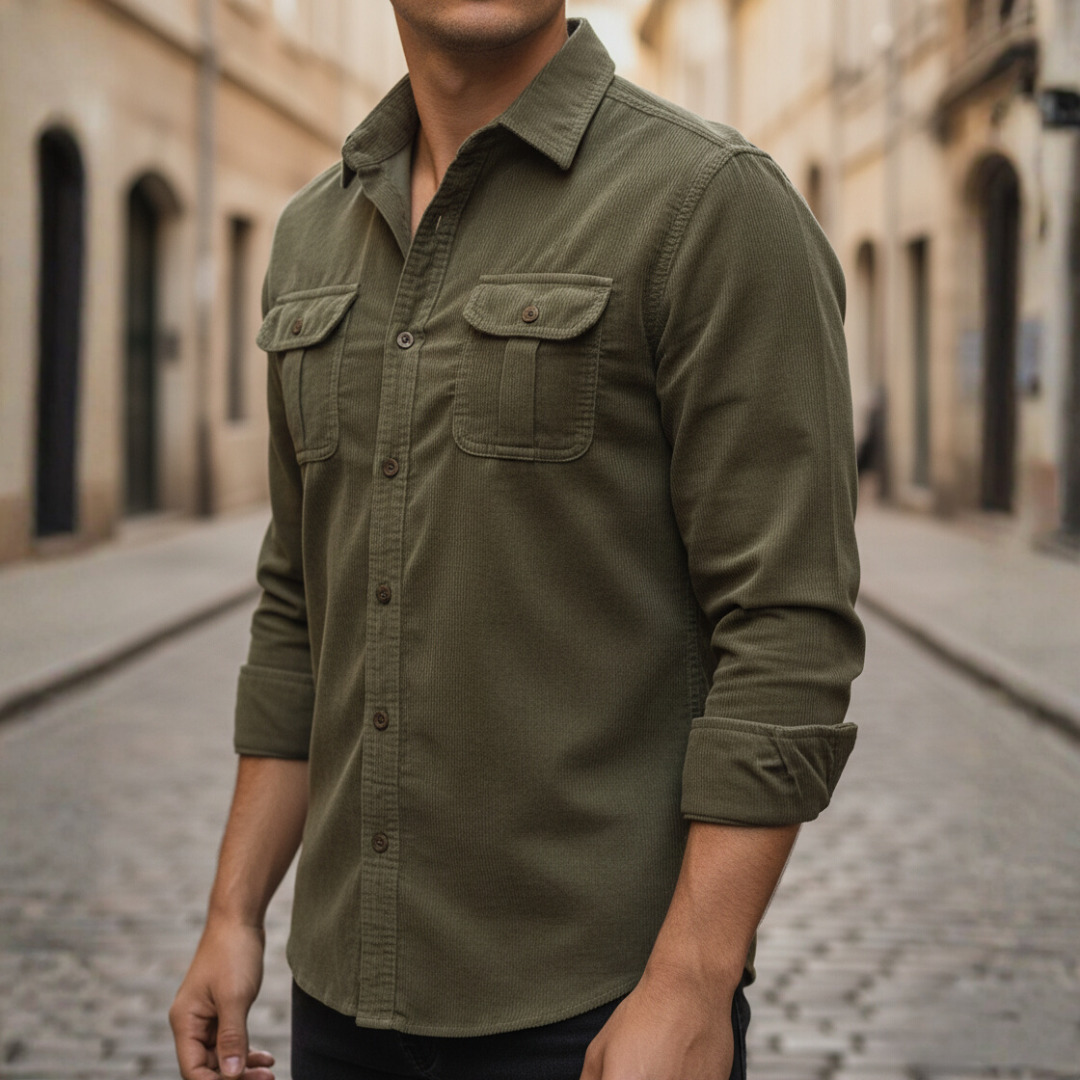 Gray men's polyester casual shirt with two chest pockets, versatile workwear everyday comfort fit