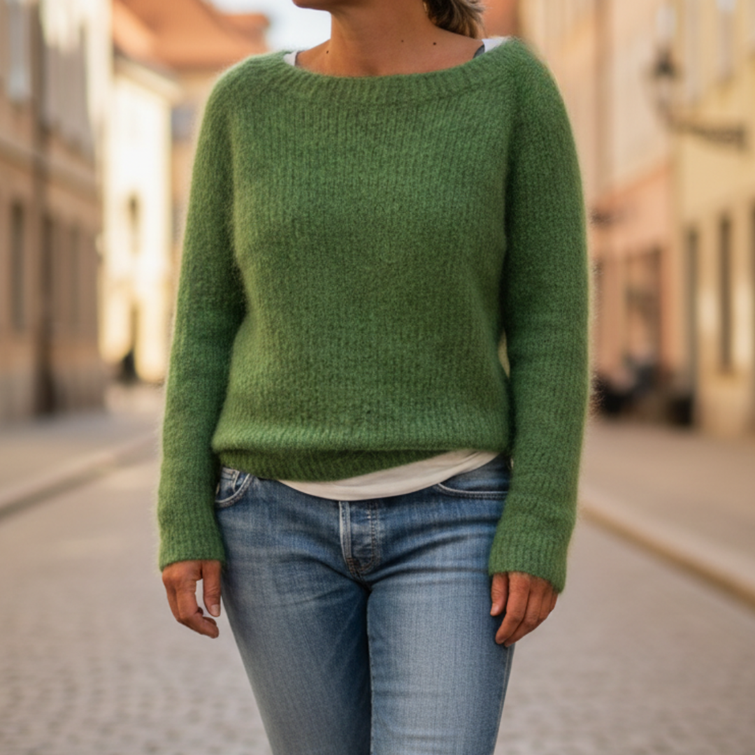 Women's long sleeve polyester knit sweater round neckline cozy casual fit in black orange or green