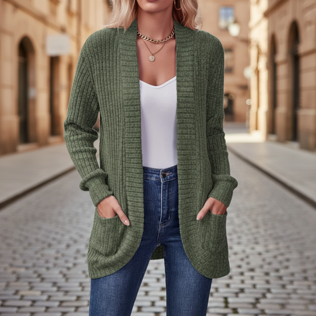 Women's soft knit cardigan with pockets in versatile everyday style, available in six colors