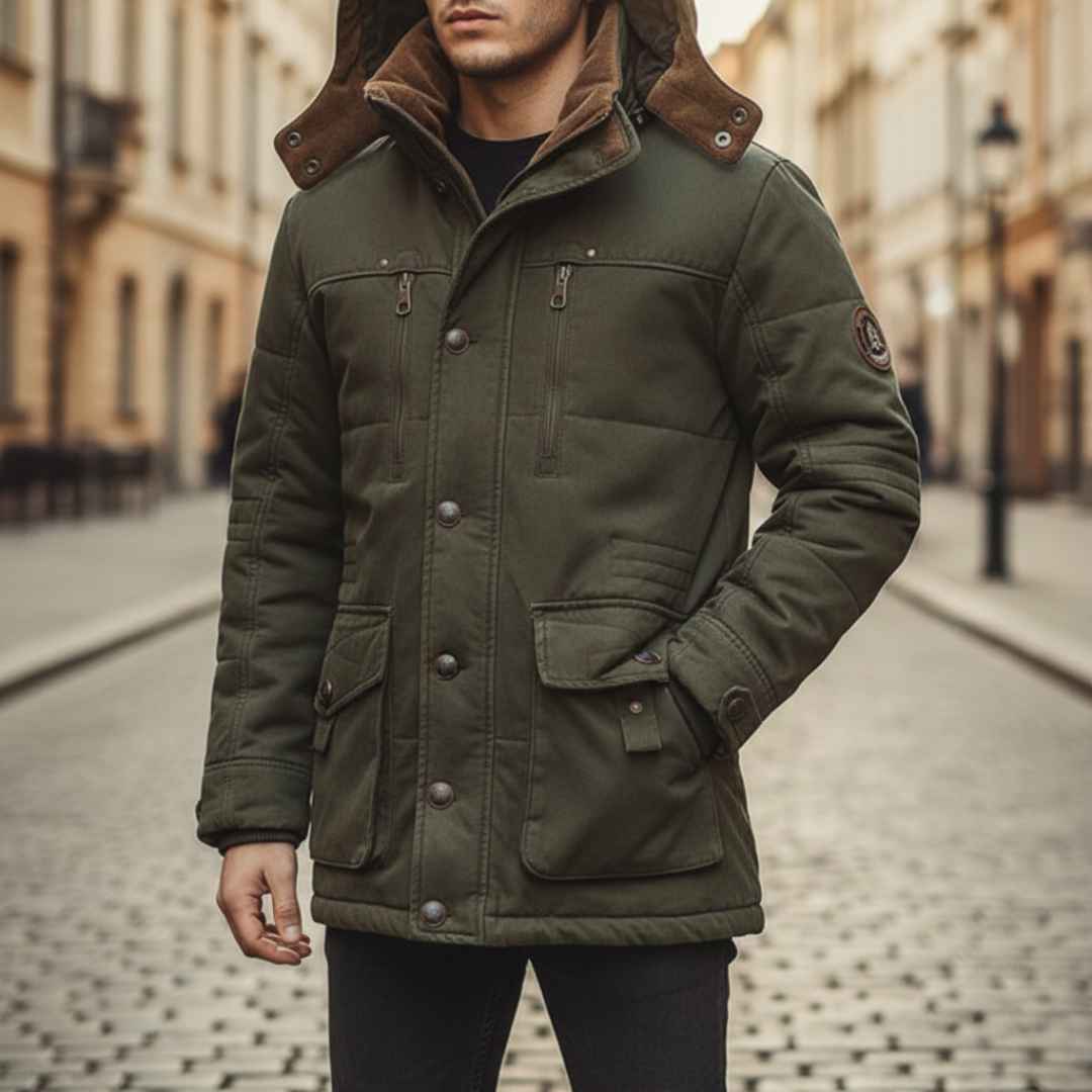 Men's hooded winter jacket in blue fleece-lined with functional pockets for outdoor use