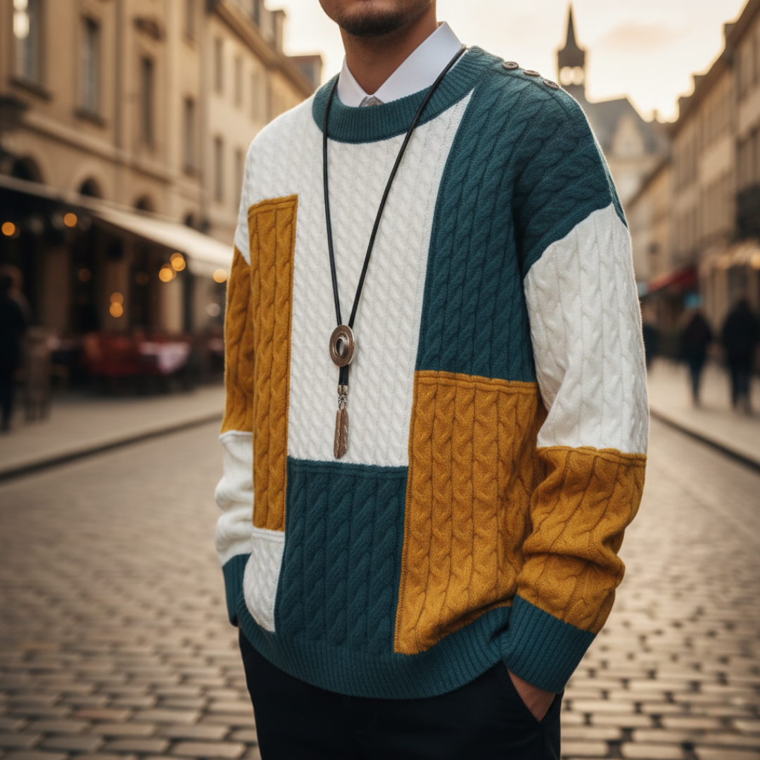 Men's wool sweater geometric pattern white brown yellow gray color block casual winter knit