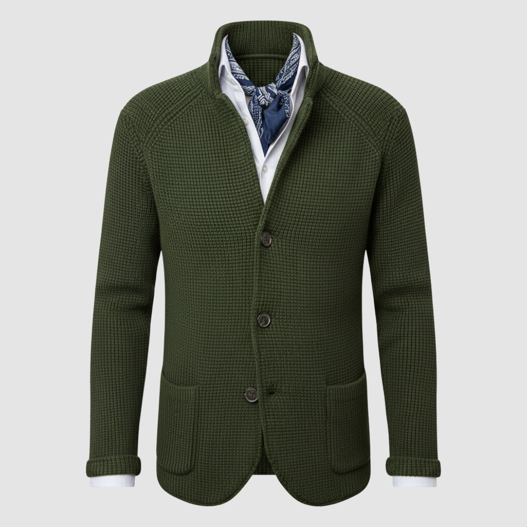 Men's double-breasted mid-length coat, high knit collar, inner zipper, structured office style