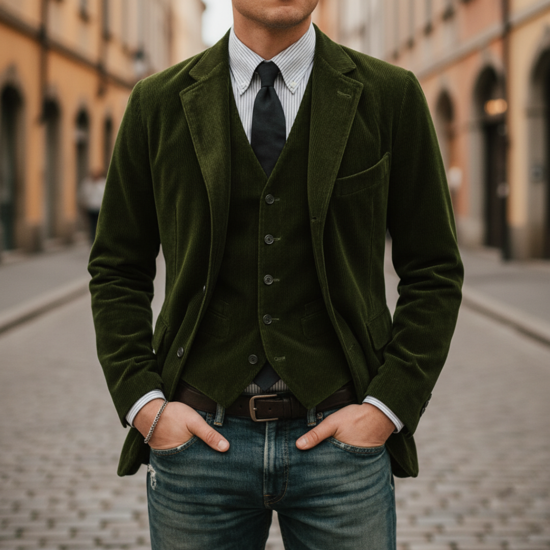 Men's slim fit velvet jacket with matching vest in blue, brown or green for formal elegance