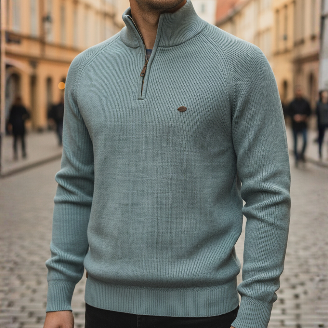 Men's half-zip high collar sweater in beige ribbed knit with raglan sleeves for structured daily comfort