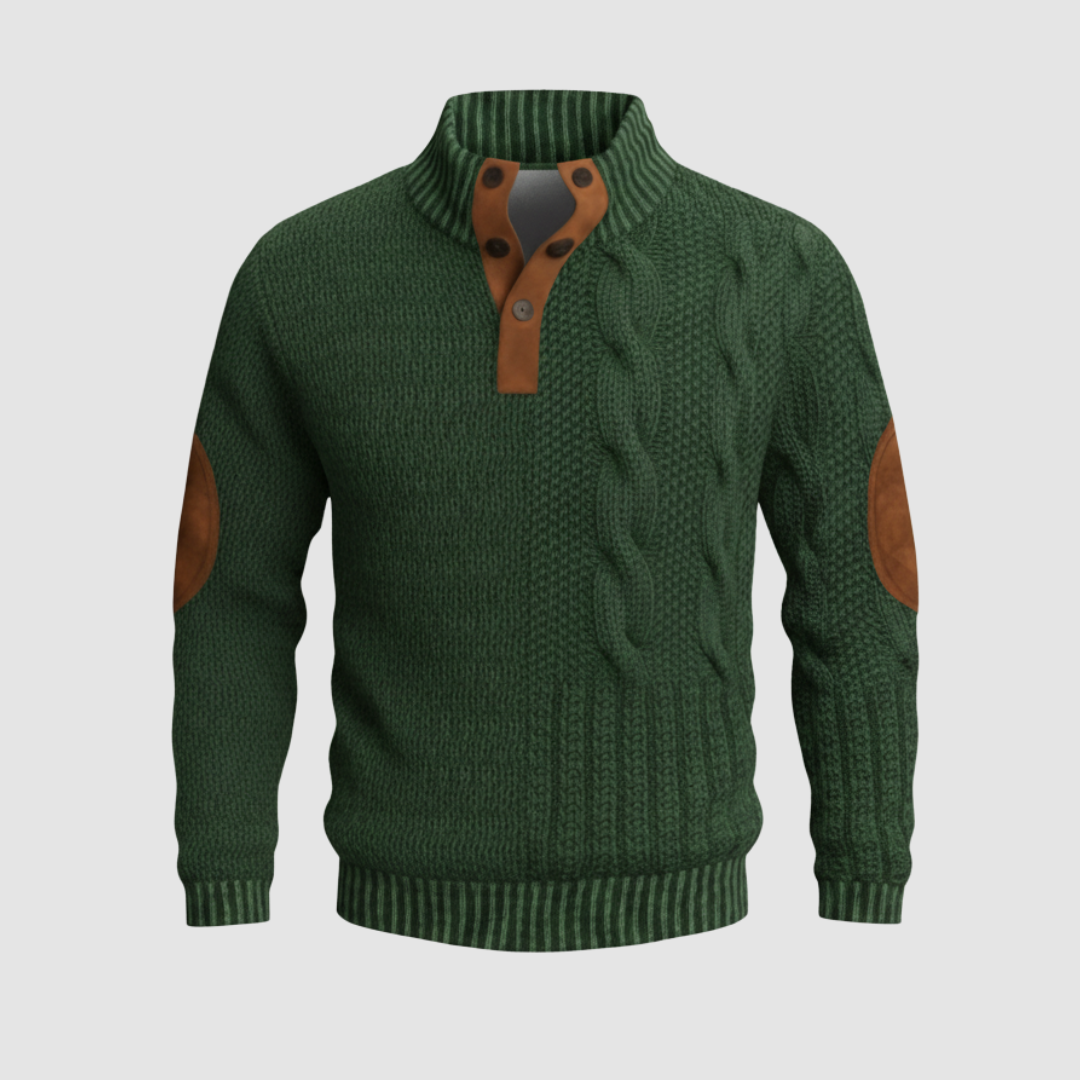 Men's cable knit high collar sweater with suede leather accents, regular fit, versatile everyday style