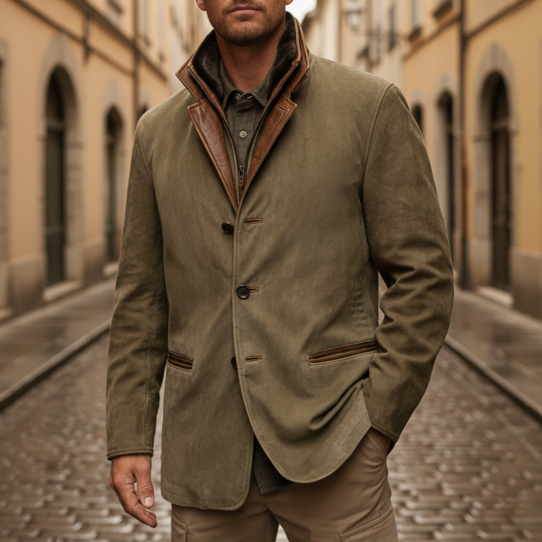 Men's winter suede jacket brown faux leather collar slim fit internal zipper cold weather