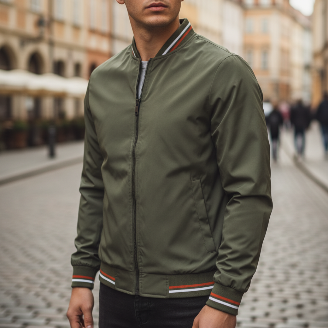 Men's black bomber jacket casual sporty style zip closure striped details durable fabric