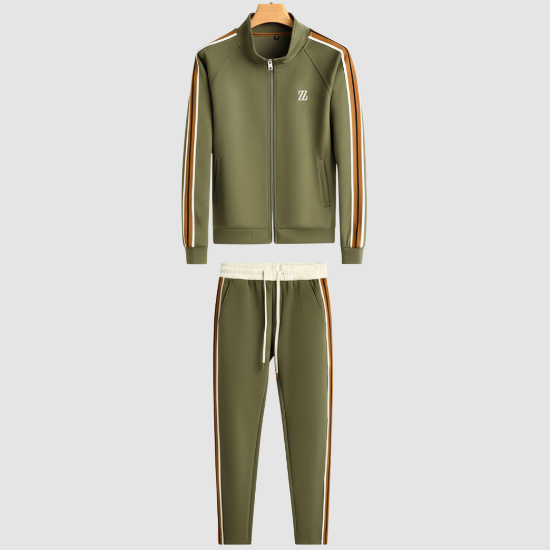 Men's striped tracksuit set full zip jacket stand collar contrast stripes athletic casual fit