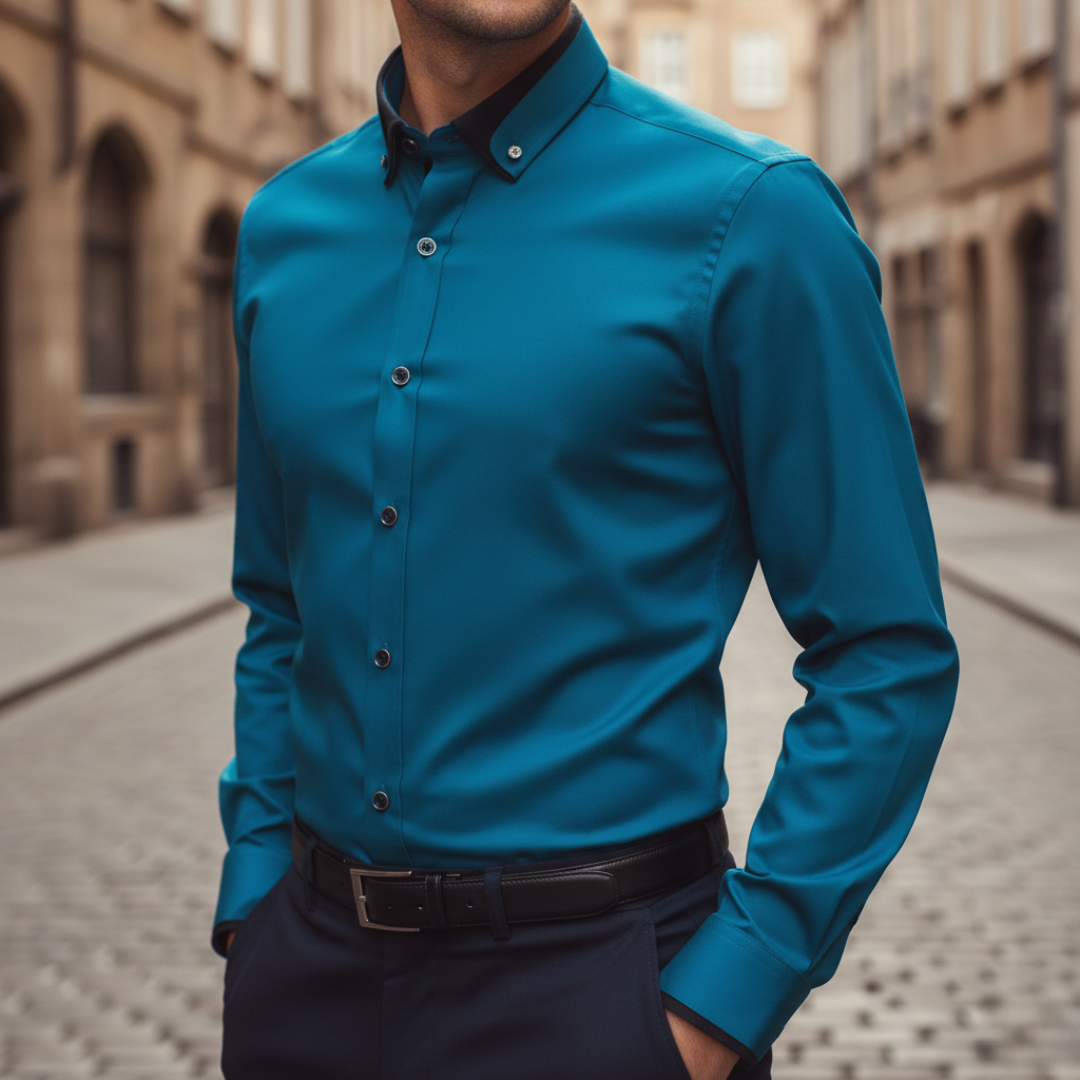 Men's slim fit dress shirt in blue contrast collar breathable fabric formal semi-formal style