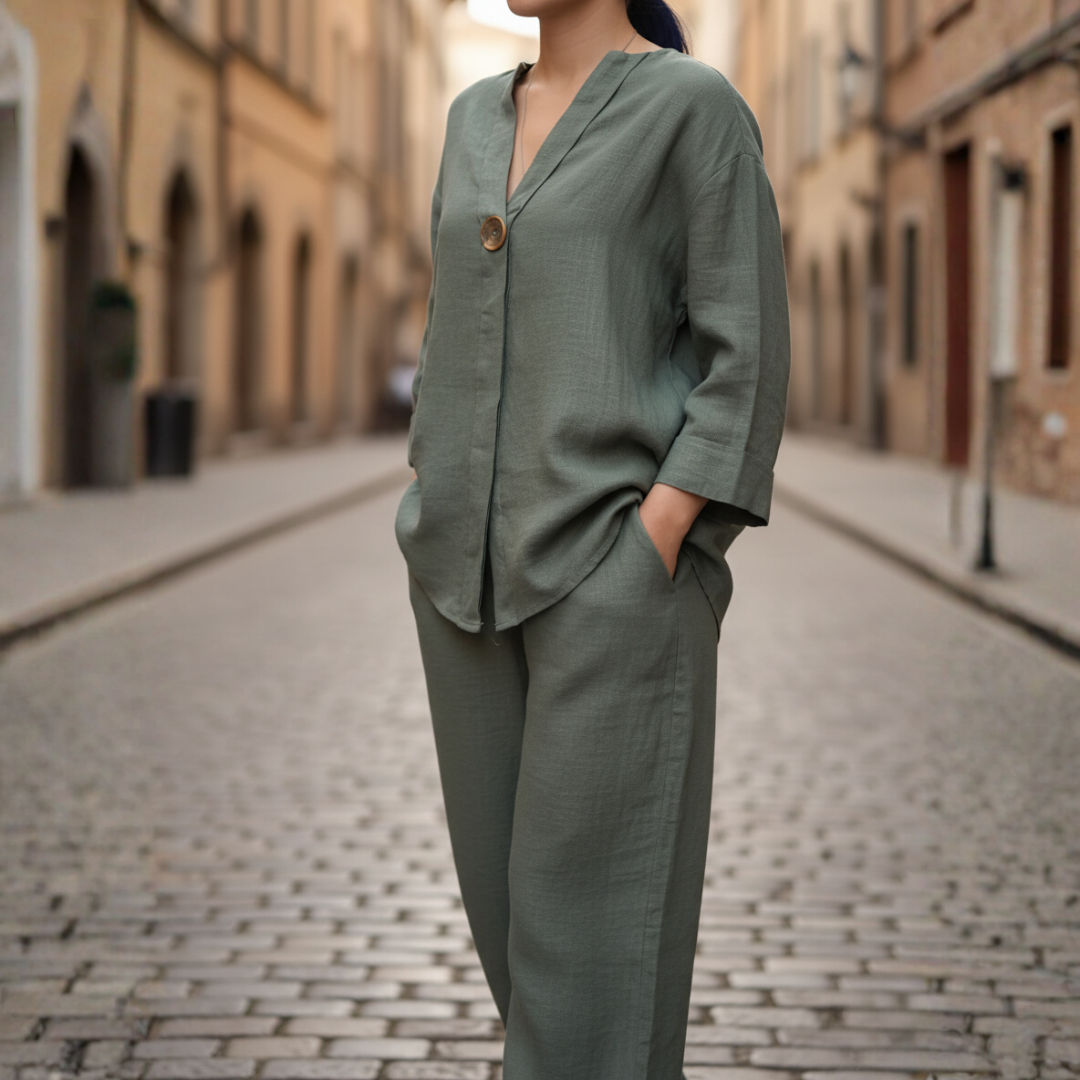 Women's beige linen set V-neck top with rolled sleeves and wide-leg pants lightweight summer outfit