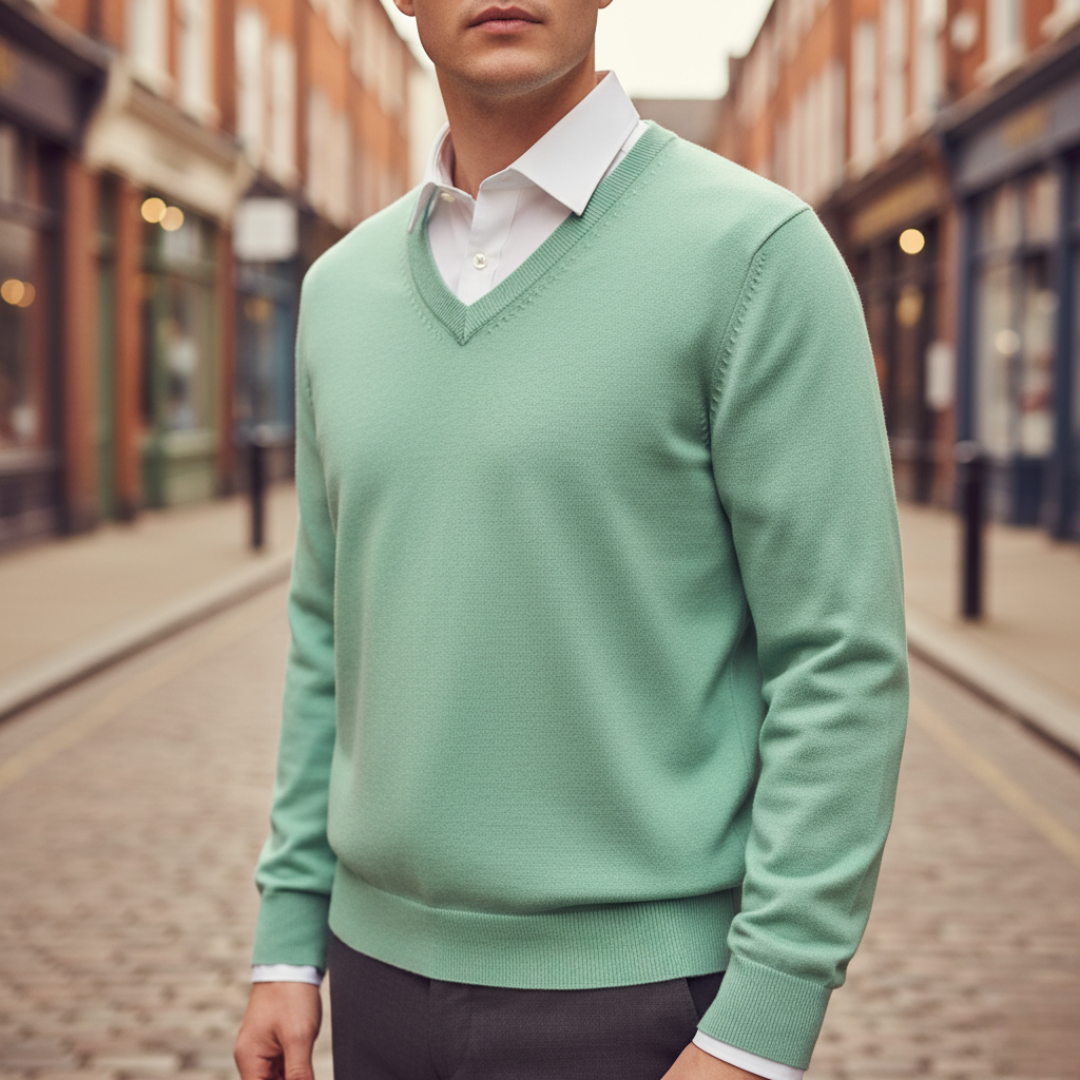 Men's classic V-neck sweater soft knit fabric regular fit versatile layering essential for office or casual wear